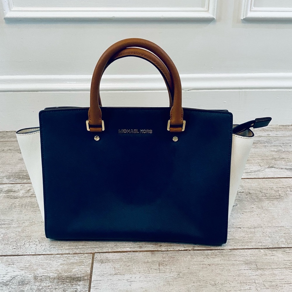 Michael Kors NAVY BLUE, CAMEL & WHITE saffiano leather satchel crossbody